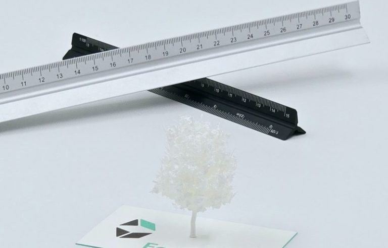 Ein Modellbaum mit einem Lineal im Hintergrund auf einem weißen Untergrund.